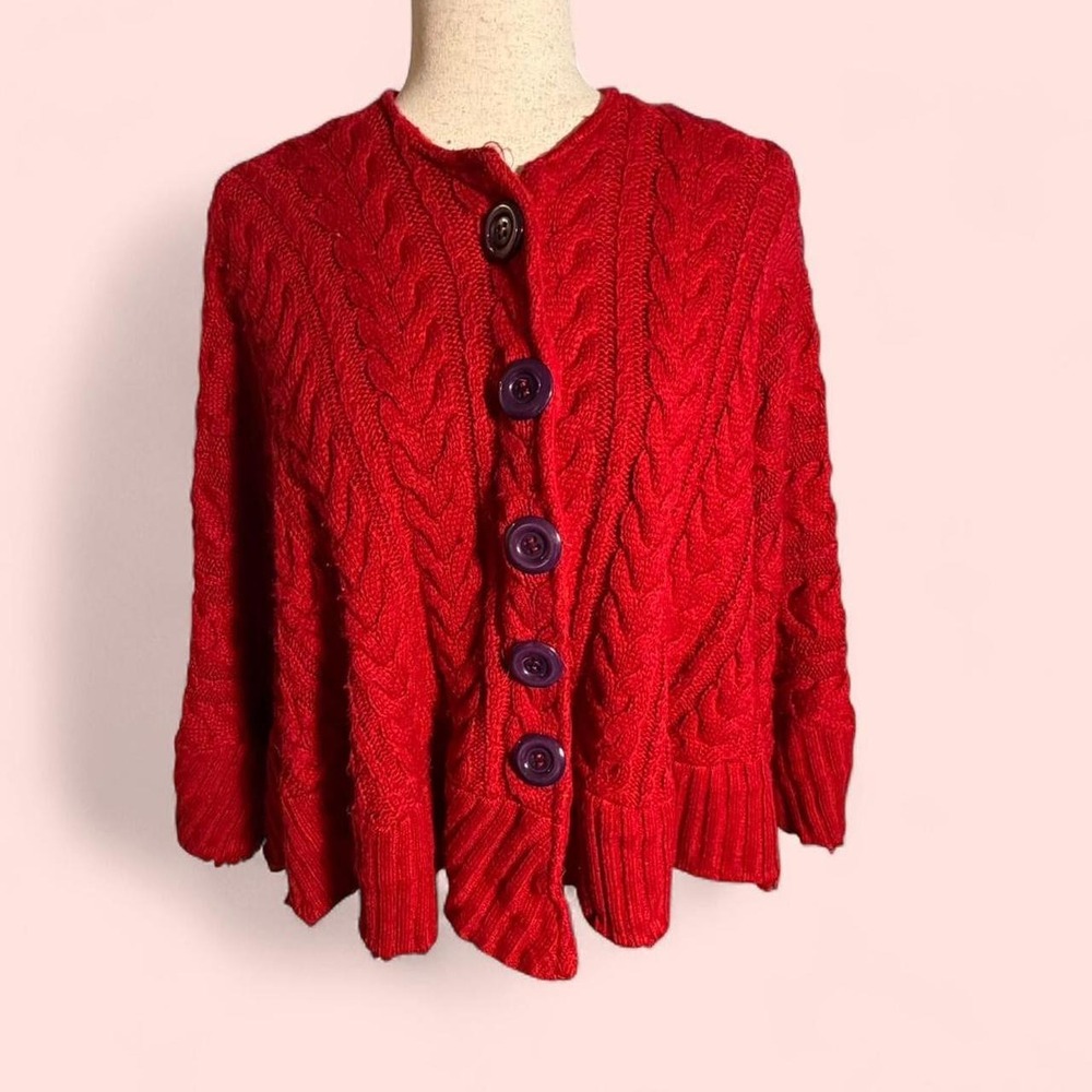 Wondershop Red Chunky Cable Knit Cape Poncho Purple Buttons OS